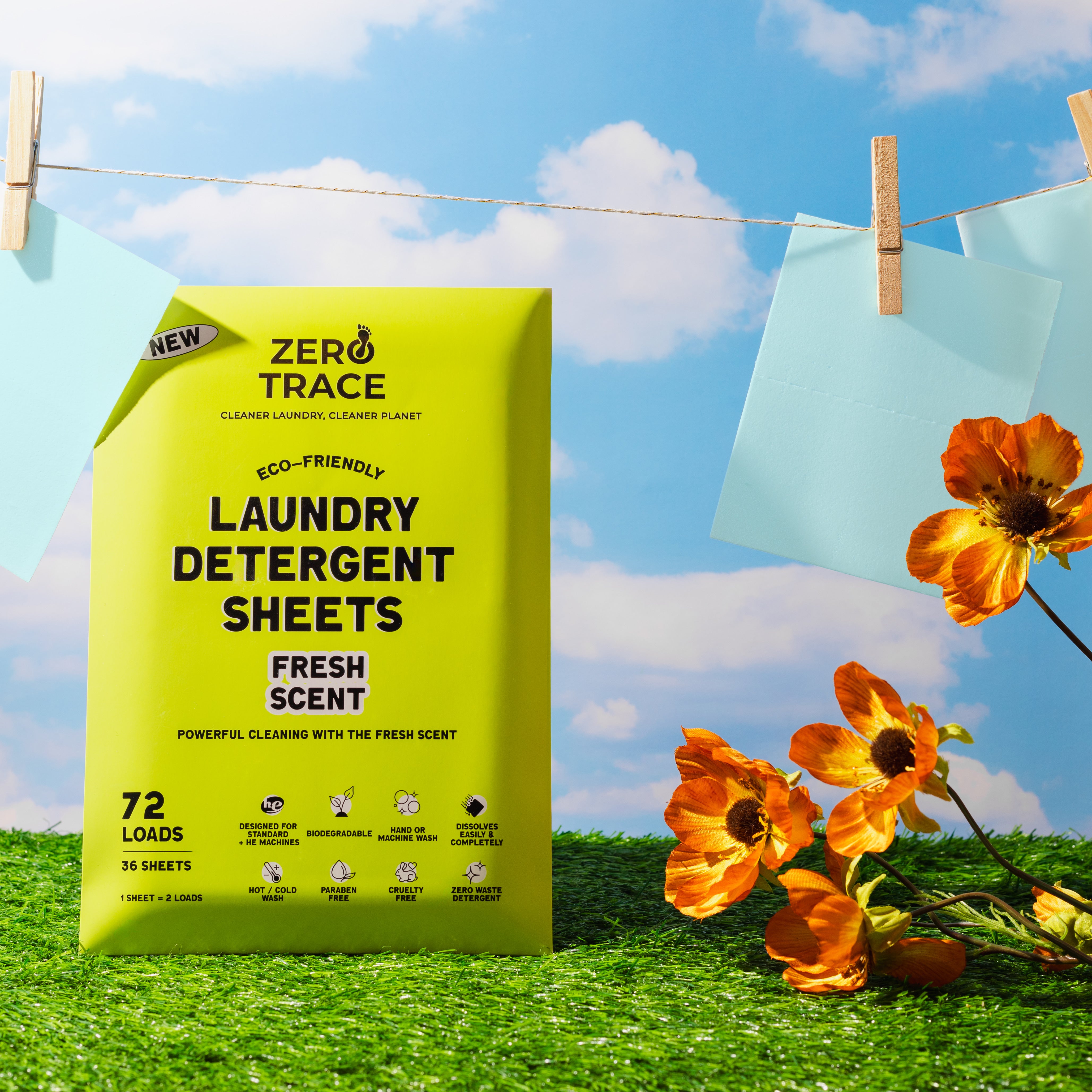 A yellow package of Zero Trace laundry detergent sheets next to a bunch of flowers.