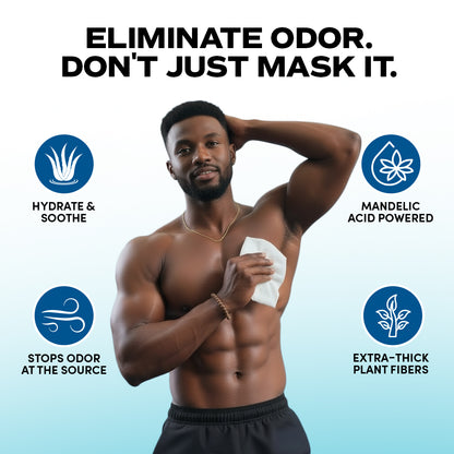 A muscular man uses Zero Trace Fresh Botanic Deodorant Wipes, which feature plant-based odor control, hydrating mandelic acid, and extra-thick plant fibers to stop odor at the source with a powerful clean. Aluminum-free formula highlighted in text.