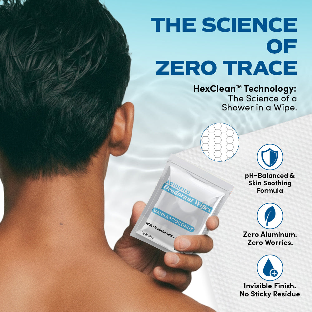 A man holds a packet of Nature's Bliss Deodorant Wipes by Zero Trace near his shoulder. Text highlights HexClean technology, pH-balanced formula, zero aluminum, and an invisible finish with no residue.