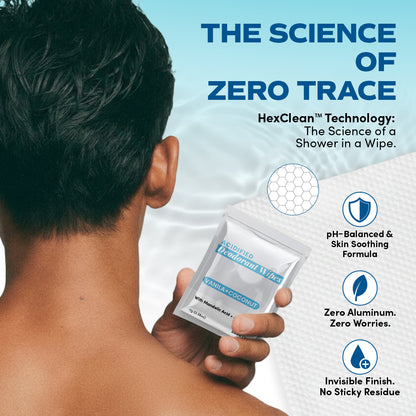 A man holds a packet of Nature's Bliss Deodorant Wipes by Zero Trace near his shoulder. Text highlights HexClean technology, pH-balanced formula, zero aluminum, and an invisible finish with no residue.