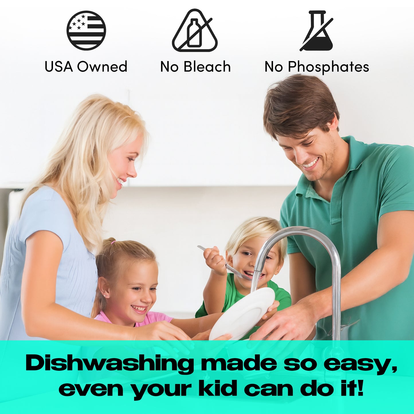 A happy family with two kids washes dishes together using Zero Trace Dish Washer Sheets; icons show the product is USA owned, plastic-free, bleach-free, and contains no phosphates.