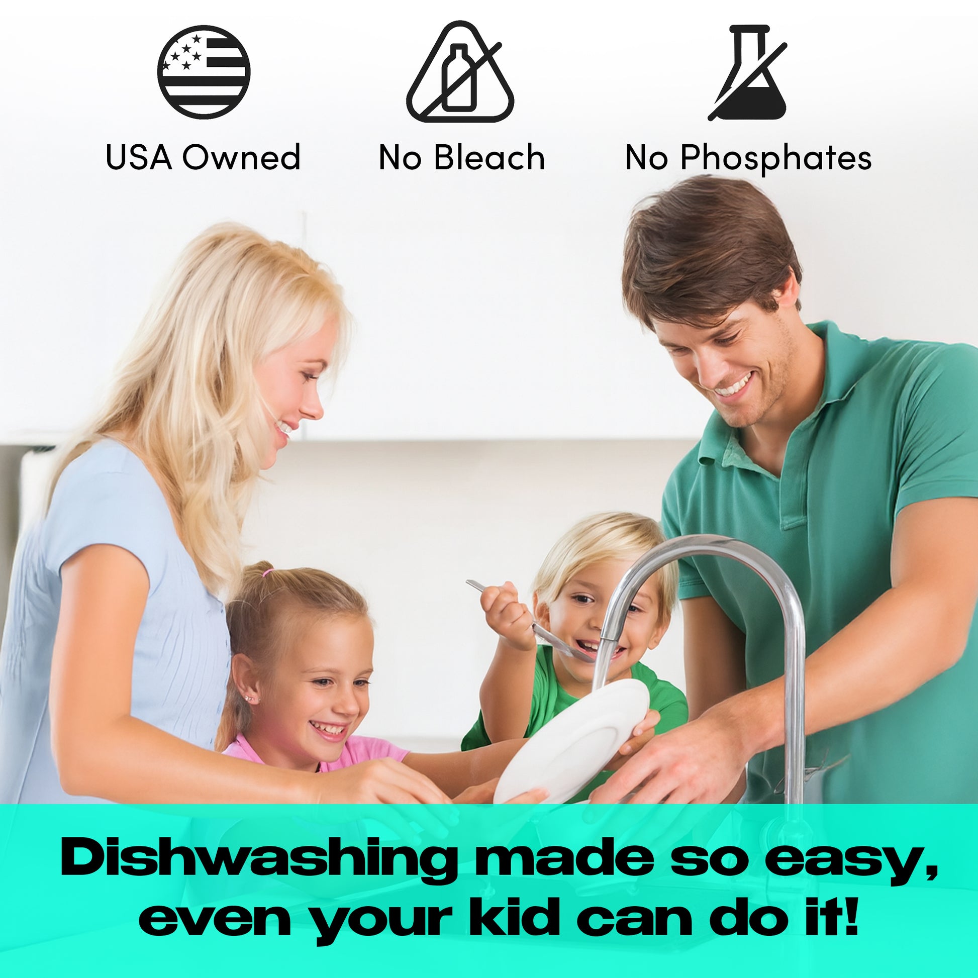 A happy family with two kids washes dishes together using Zero Trace Dish Washer Sheets; icons show the product is USA owned, plastic-free, bleach-free, and contains no phosphates.