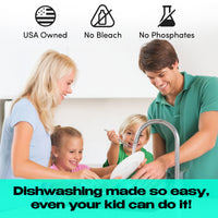 A happy family with two kids washes dishes together using Zero Trace Dish Washer Sheets; icons show the product is USA owned, plastic-free, bleach-free, and contains no phosphates.