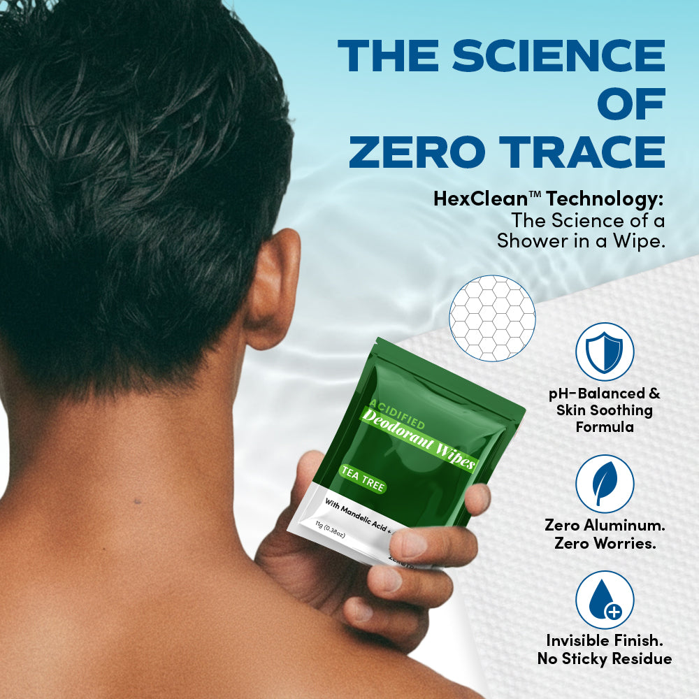 A man uses Zero Trace Fresh Botanic Deodorant Wipes, which are aluminum-free, pH-balanced, plant-based for odor control, feature a skin-soothing formula, and leave an invisible finish.