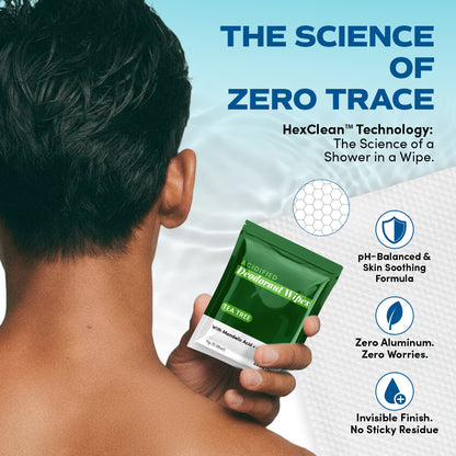 A man uses Zero Trace Fresh Botanic Deodorant Wipes, which are aluminum-free, pH-balanced, plant-based for odor control, feature a skin-soothing formula, and leave an invisible finish.