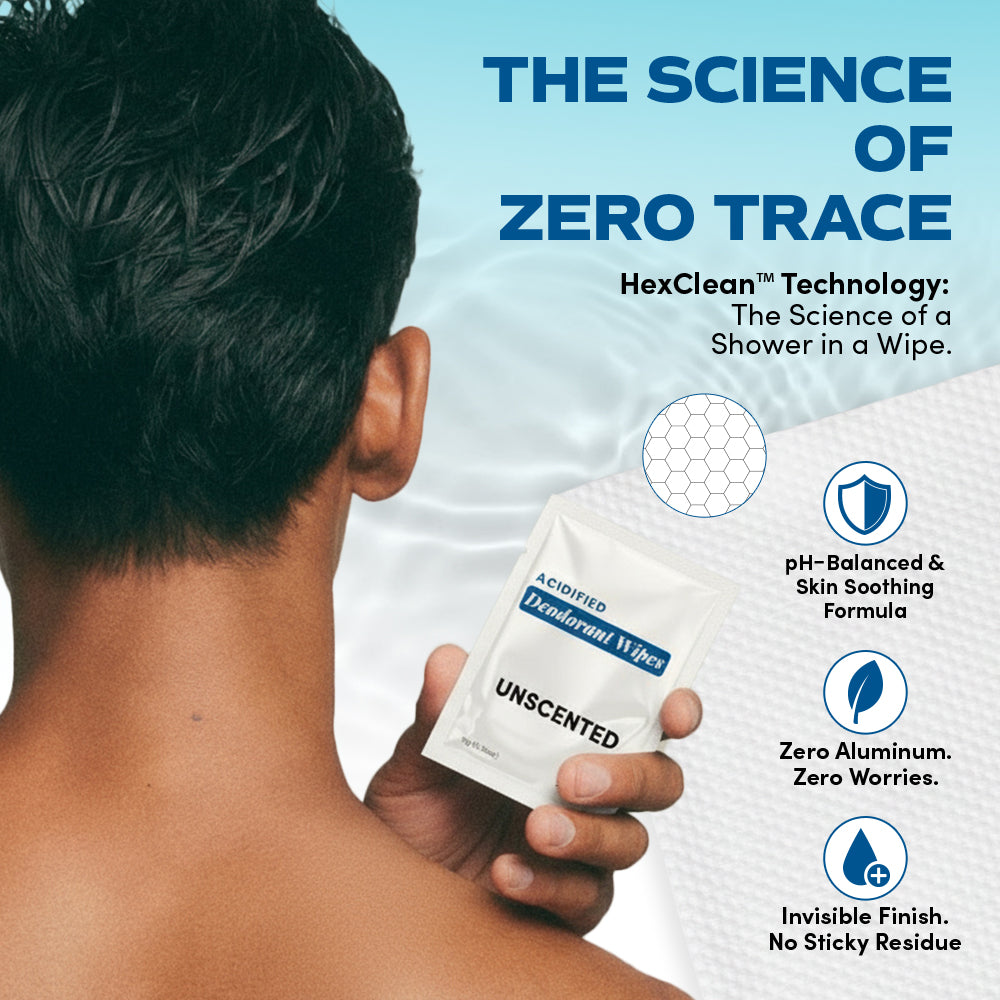 A person holds a pack of Zero Trace Bare Fresh Deodorant Wipes near their shoulder. Text highlights its pH-balanced, aluminum-free formula and invisible, non-sticky finish.