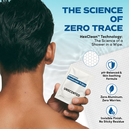 A person holds a pack of Zero Trace Bare Fresh Deodorant Wipes near their shoulder. Text highlights its pH-balanced, aluminum-free formula and invisible, non-sticky finish.