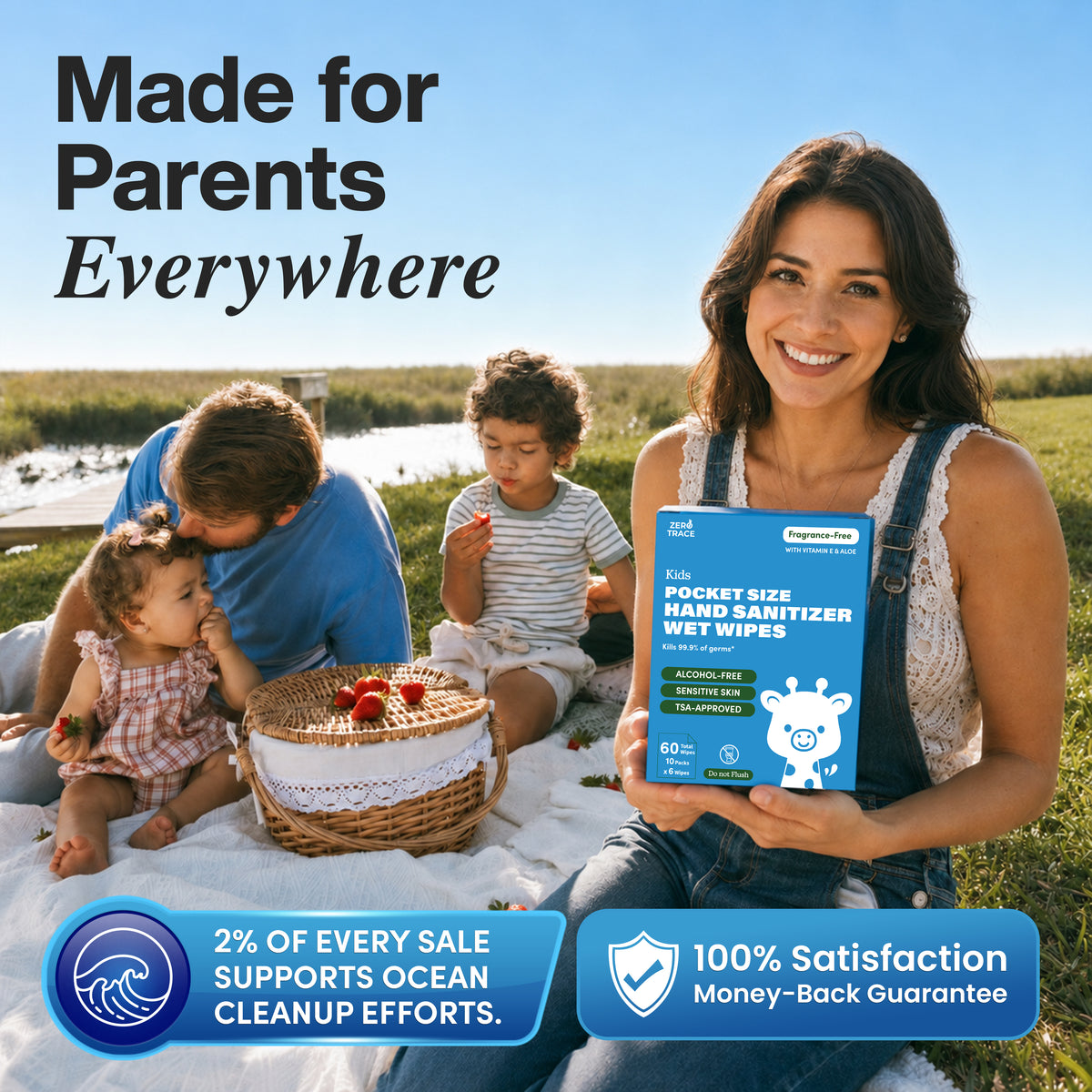 A woman sits on the grass at a picnic, holding Zero Trace Pocket Hand Sanitizing Wipes by Zero Trace, with two children and another adult nearby. The text highlights parenthood, supports ocean cleanup efforts, and includes a satisfaction guarantee.