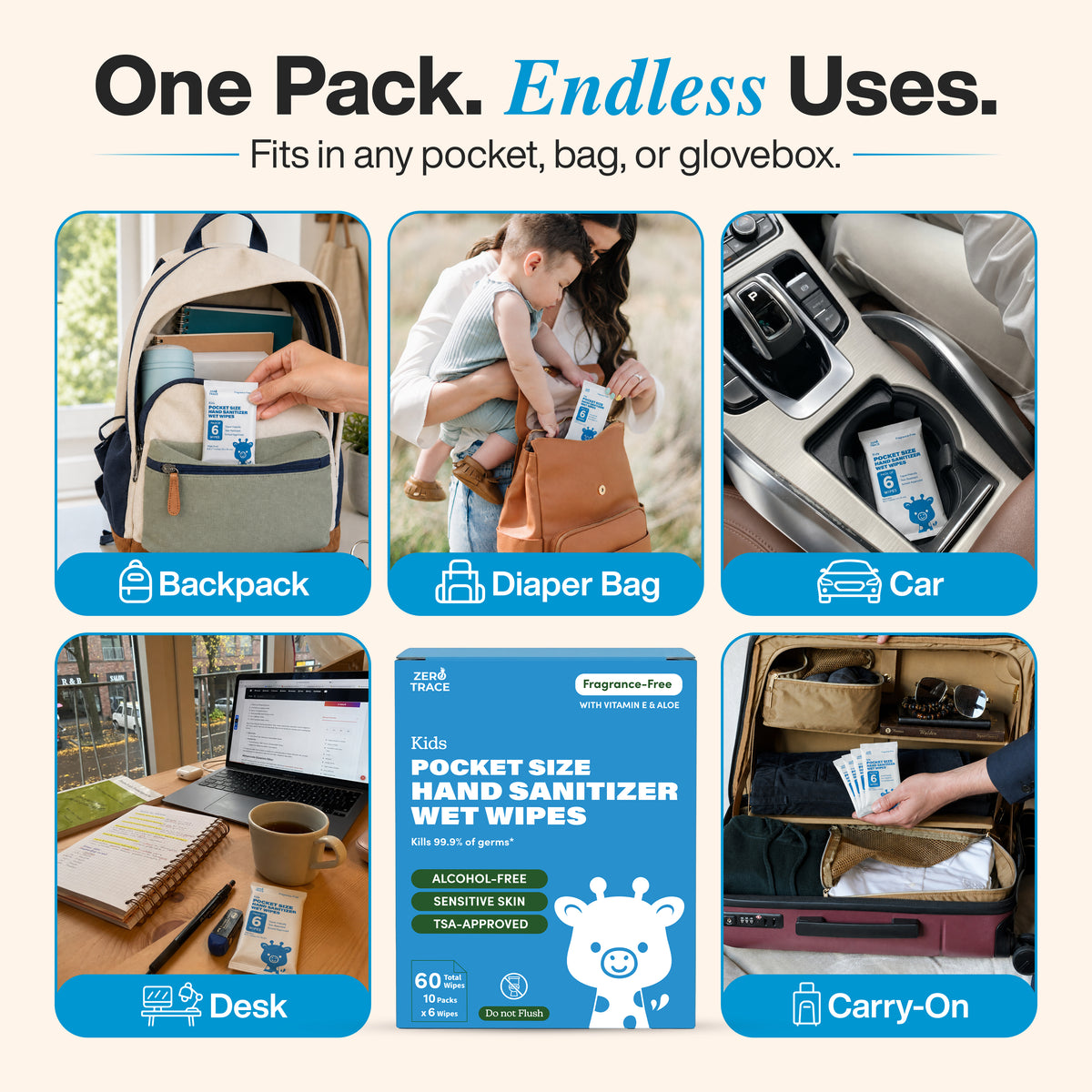 A package of Zero Trace Pocket Hand Sanitizing Wipes by Zero Trace is shown fitting inside a backpack, diaper bag, car console, desk, and carry-on bag—demonstrating its portability for various uses and its effectiveness in killing 99.9% of germs.