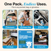 A package of Zero Trace Pocket Hand Sanitizing Wipes by Zero Trace is shown fitting inside a backpack, diaper bag, car console, desk, and carry-on bag—demonstrating its portability for various uses and its effectiveness in killing 99.9% of germs.