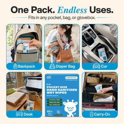 A package of Zero Trace Pocket Hand Sanitizing Wipes by Zero Trace is shown fitting inside a backpack, diaper bag, car console, desk, and carry-on bag—demonstrating its portability for various uses and its effectiveness in killing 99.9% of germs.