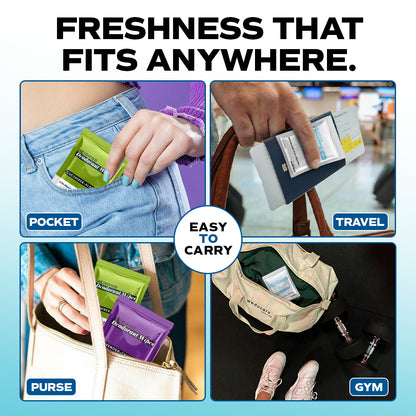 A collage shows packets labeled "Hydration + Immunity" fitting in a pocket, travel wallet, purse, and gym bag—just like Zero Trace Nature's Bliss Deodorant Wipes deliver on-the-go freshness that fits anywhere.