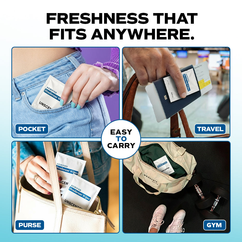 Four images show Zero Trace Bare Fresh Deodorant Wipes, which are biodegradable and aluminum-free, labeled "UNSCENTED," being placed in a pocket, travel bag, purse, and gym bag—highlighting portable freshness anywhere.
