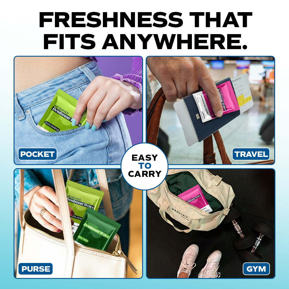 Four images show Zero Trace Fresh Botanic Deodorant Wipes being placed in a pocket, travel bag, purse, and gym bag, highlighting their plant-based odor control formula and portable design.