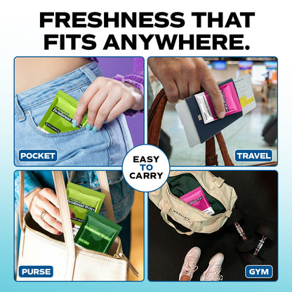 Four images show Zero Trace Fresh Botanic Deodorant Wipes being placed in a pocket, travel bag, purse, and gym bag, highlighting their plant-based odor control formula and portable design.
