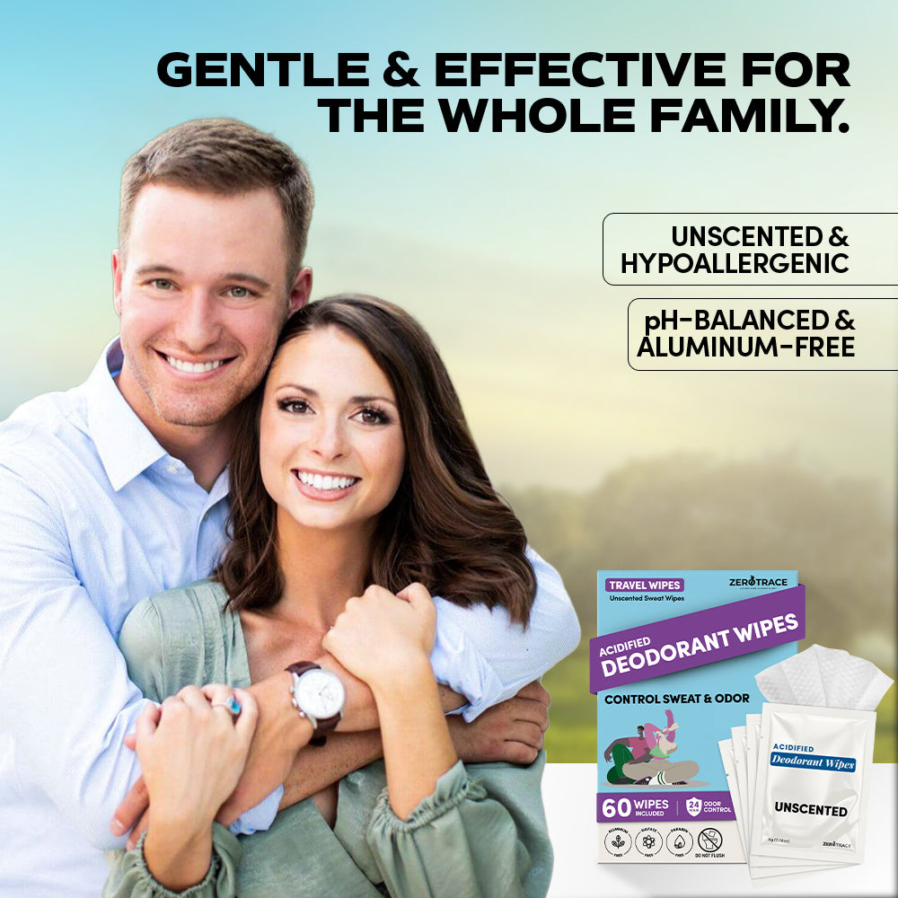 A smiling couple embraces beside a package of Zero Trace Bare Fresh Deodorant Wipes, highlighted as gentle, effective, unscented, hypoallergenic, pH-balanced, and aluminum-free.