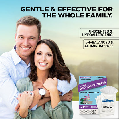A smiling couple embraces beside a package of Zero Trace Bare Fresh Deodorant Wipes, highlighted as gentle, effective, unscented, hypoallergenic, pH-balanced, and aluminum-free.