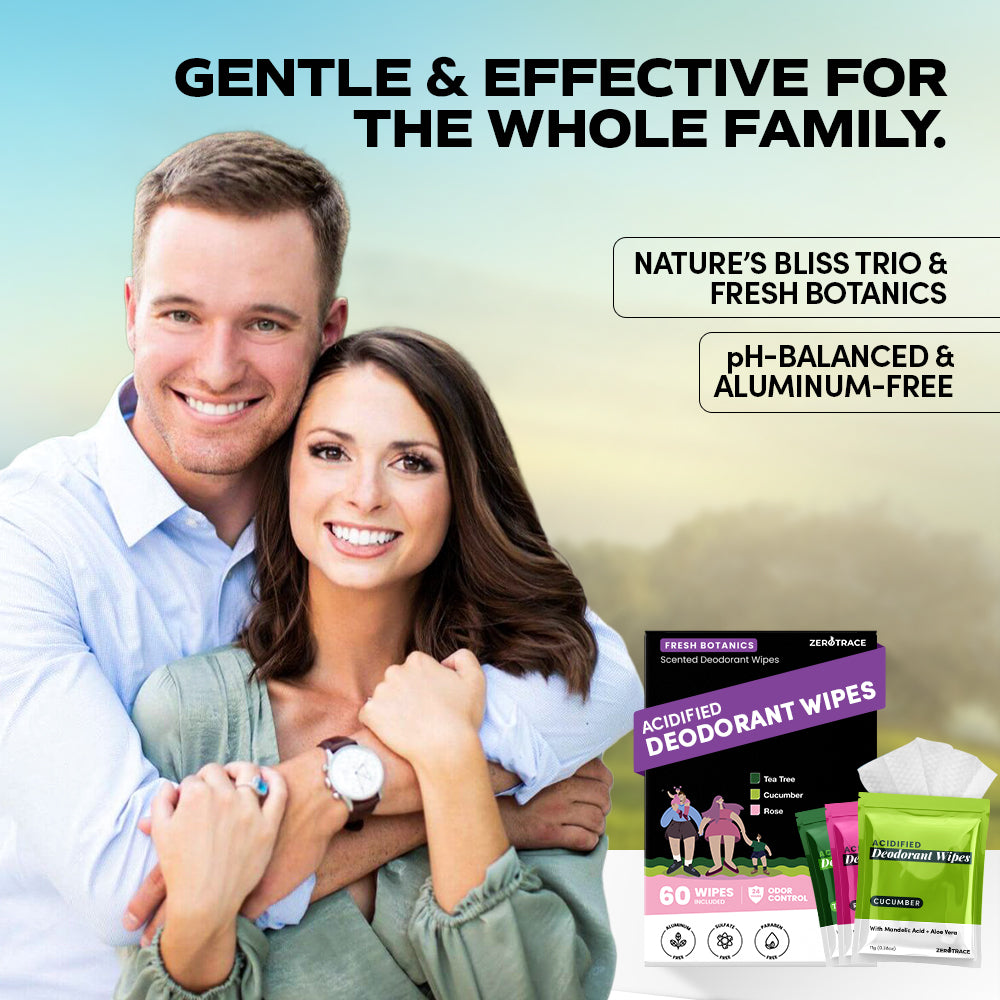 A smiling man and woman embrace outdoors beside Zero Trace Fresh Botanic Deodorant Wipes, showcasing aluminum-free, plant-based odor control.