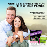 A smiling man and woman embrace outdoors beside Zero Trace Fresh Botanic Deodorant Wipes, showcasing aluminum-free, plant-based odor control.