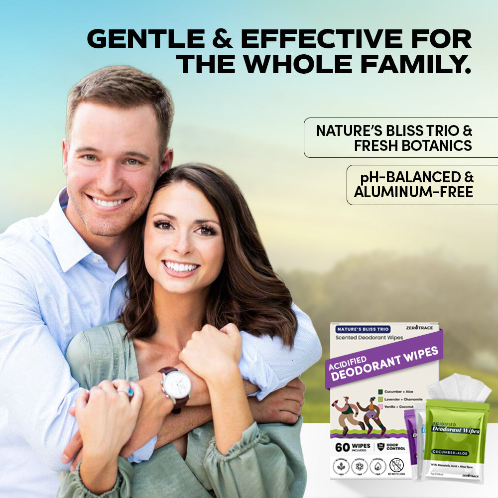 A smiling couple stands beside packs of Zero Trace Nature's Bliss Deodorant Wipes, highlighting their gentle, pH-balanced, aluminum-free formula that's perfect for the whole family.