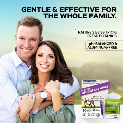 A smiling couple stands beside packs of Zero Trace Nature's Bliss Deodorant Wipes, highlighting their gentle, pH-balanced, aluminum-free formula that's perfect for the whole family.