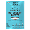 Zero Trace Free Laundry Sheet Pack in a blue package features 36 eco-friendly, fragrance-free sheets for 72 loads, with icons for biodegradable, fully dissolvable formula, and compatibility with all washers.