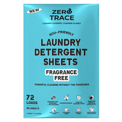 Zero Trace Free Laundry Sheet Pack in a blue package features 36 eco-friendly, fragrance-free sheets for 72 loads, with icons for biodegradable, fully dissolvable formula, and compatibility with all washers.