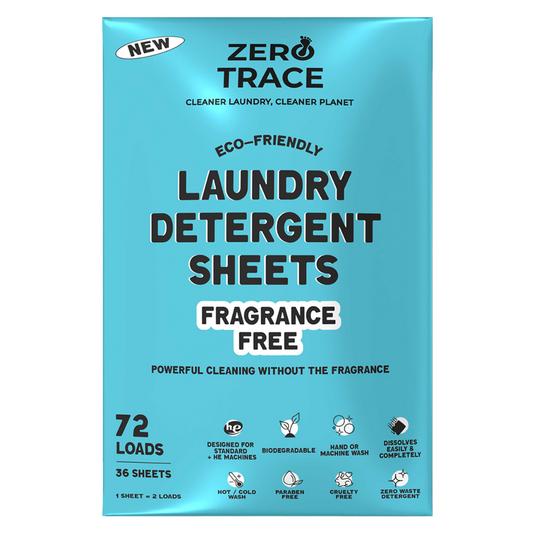 Zero Trace Free Laundry Sheet Pack in a blue package features 36 eco-friendly, fragrance-free sheets for 72 loads, with icons for biodegradable, fully dissolvable formula, and compatibility with all washers.