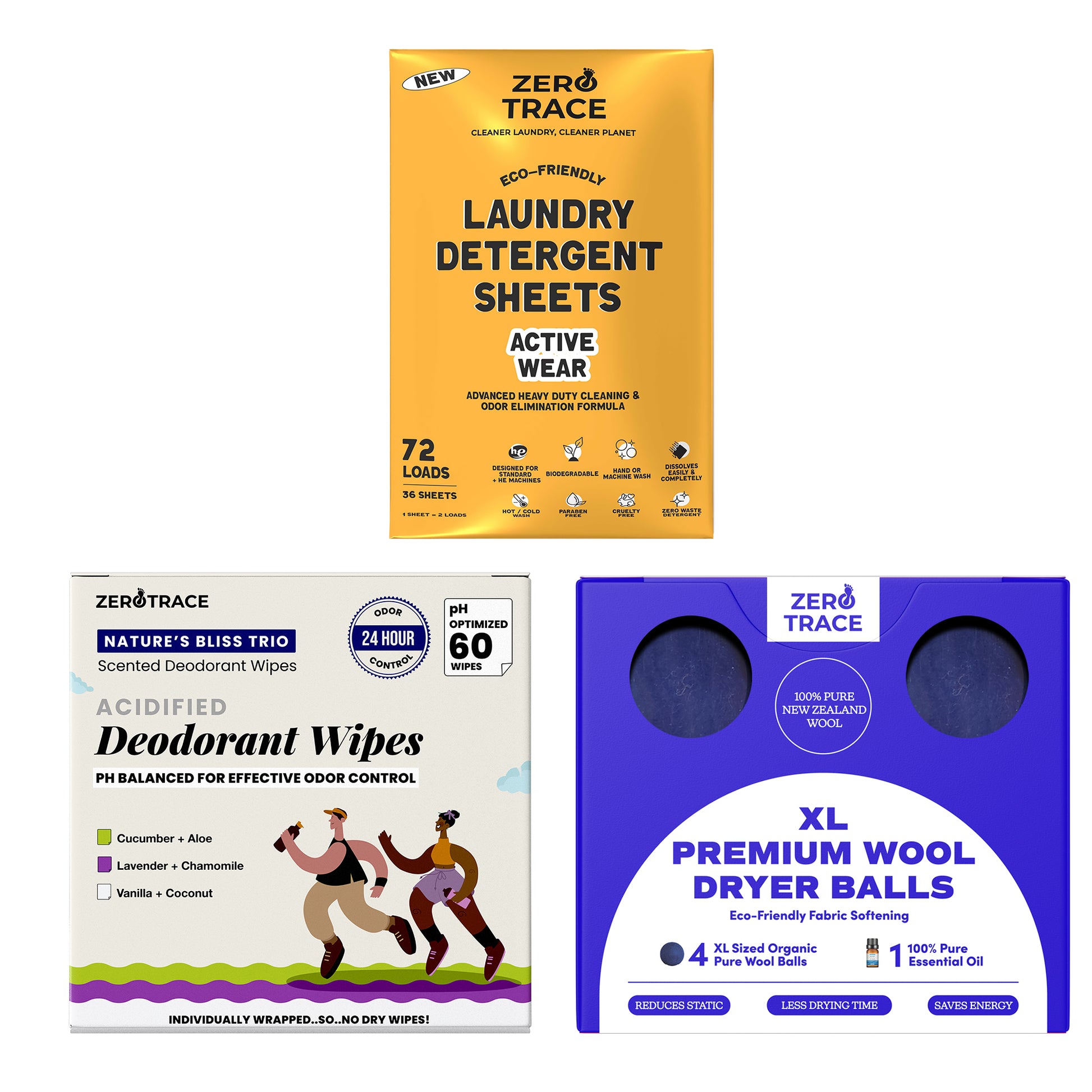 Zero Trace’s Active Lifestyle Essentials Bundle features laundry detergent sheets, acidified deodorant wipes, and XL wool dryer balls, all in eco-friendly packaging.