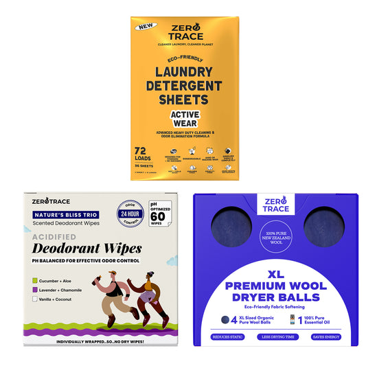 Zero Trace’s Active Lifestyle Essentials Bundle features laundry detergent sheets, acidified deodorant wipes, and XL wool dryer balls, all in eco-friendly packaging.