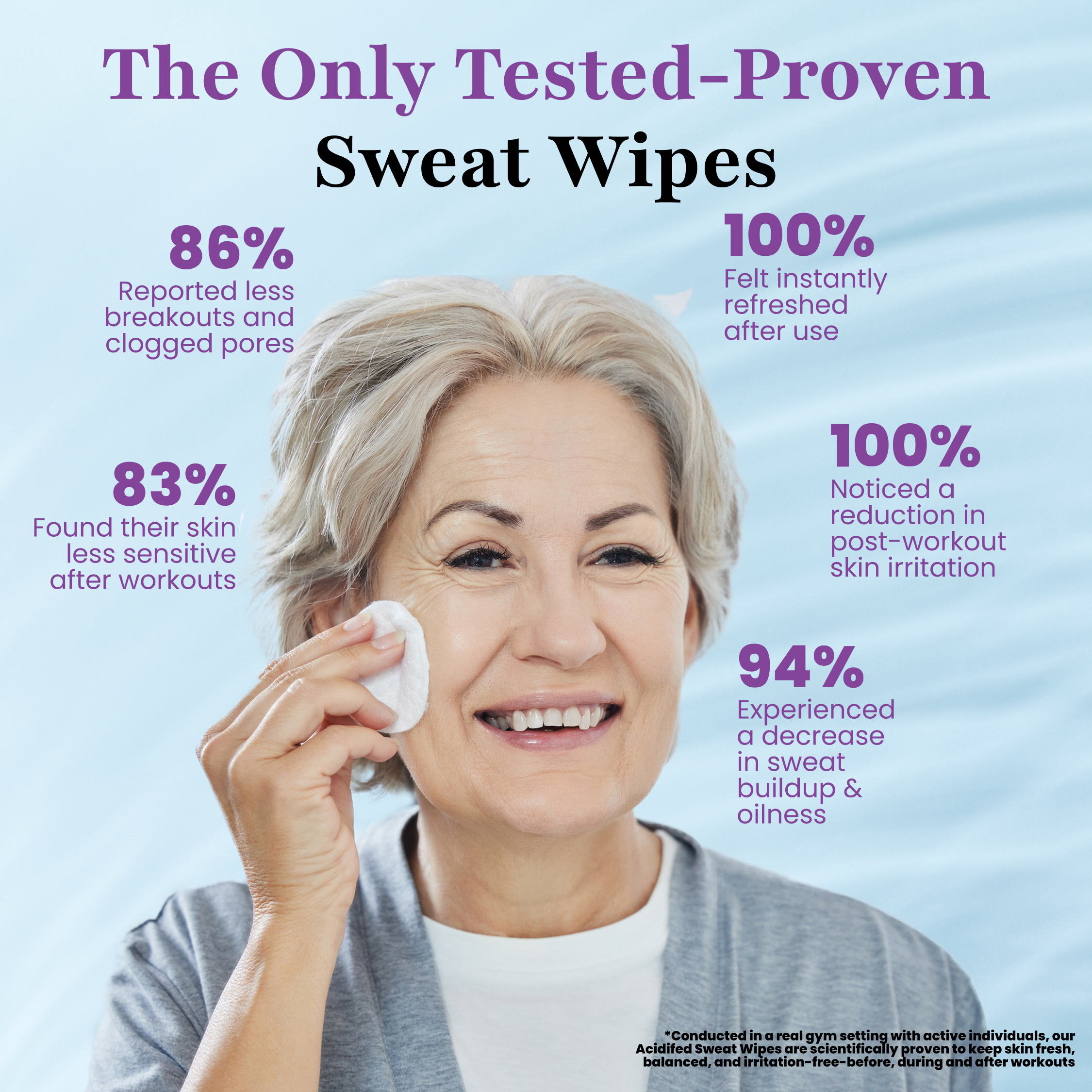 An older woman uses a Bare Fresh Deodorant Wipe by Zero Trace on her face. Text highlights benefits: reduced breakouts, skin refreshment, and improved skin feel post-workout.