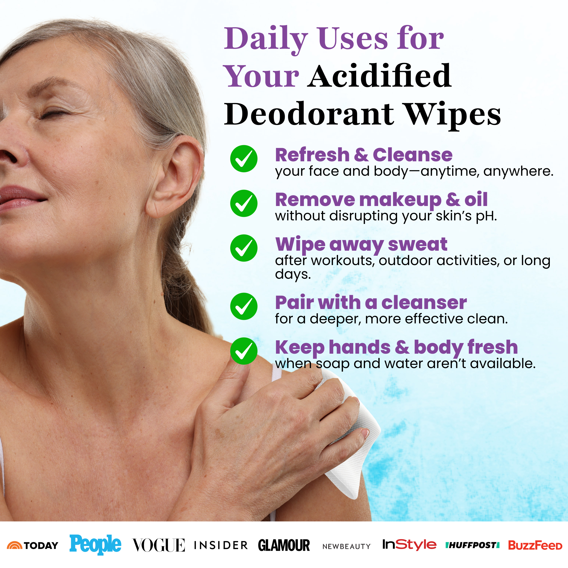 A woman uses the Bare Fresh Deodorant Wipe from Zero Trace on her shoulder. Benefits: refresh skin, remove makeup, wipe sweat, pair with cleanser for fresh hands and body. Logos of various media outlets are displayed at the bottom.
