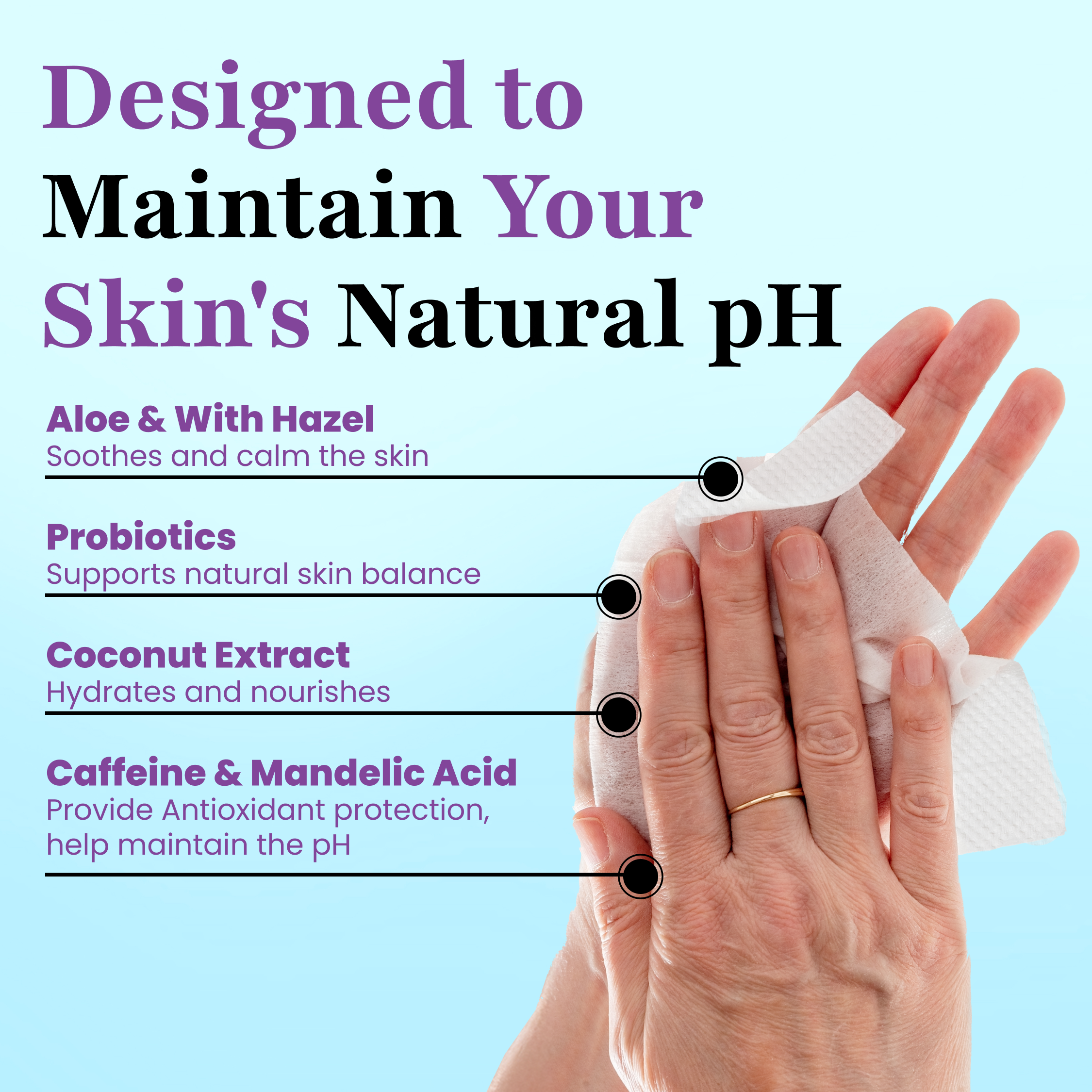 Cleansing your hands with Bare Fresh Deodorant Wipes by Zero Trace, featuring aloe, probiotics, coconut extract, caffeine, and mandelic acid to maintain skin's natural pH.