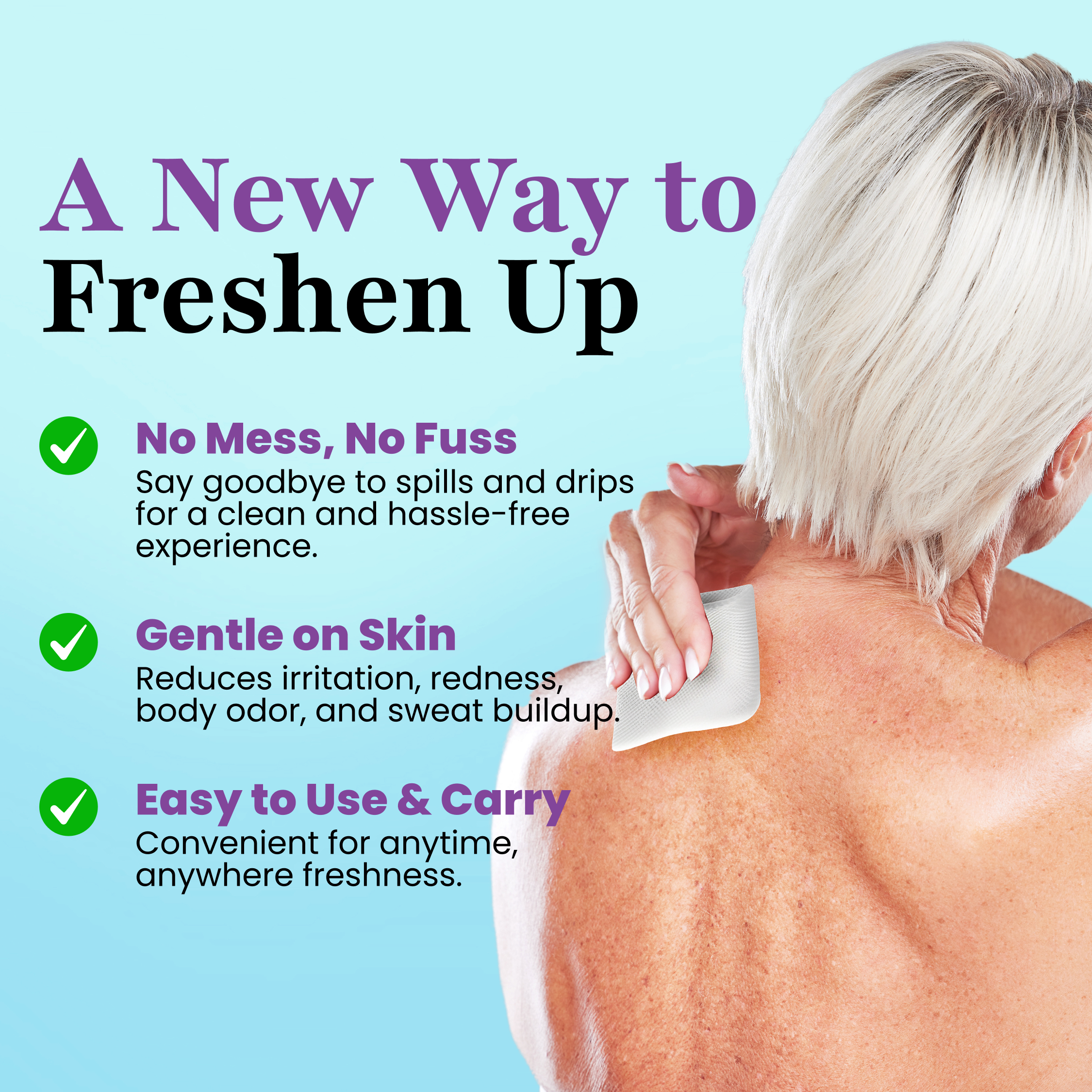 Using Zero Trace's Bare Fresh Deodorant Wipes, a person applies one to their back, showcasing benefits like "No Mess, No Fuss," "Gentle on Skin," and "Easy to Use & Carry.