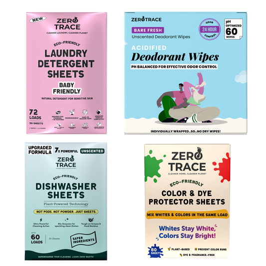 The Zero Trace Baby-Safe Home Bundle includes gentle laundry detergent sheets, deodorant wipes, dishwasher sheets, and color & dye protector sheets—all in labeled packaging for a non-toxic clean.
