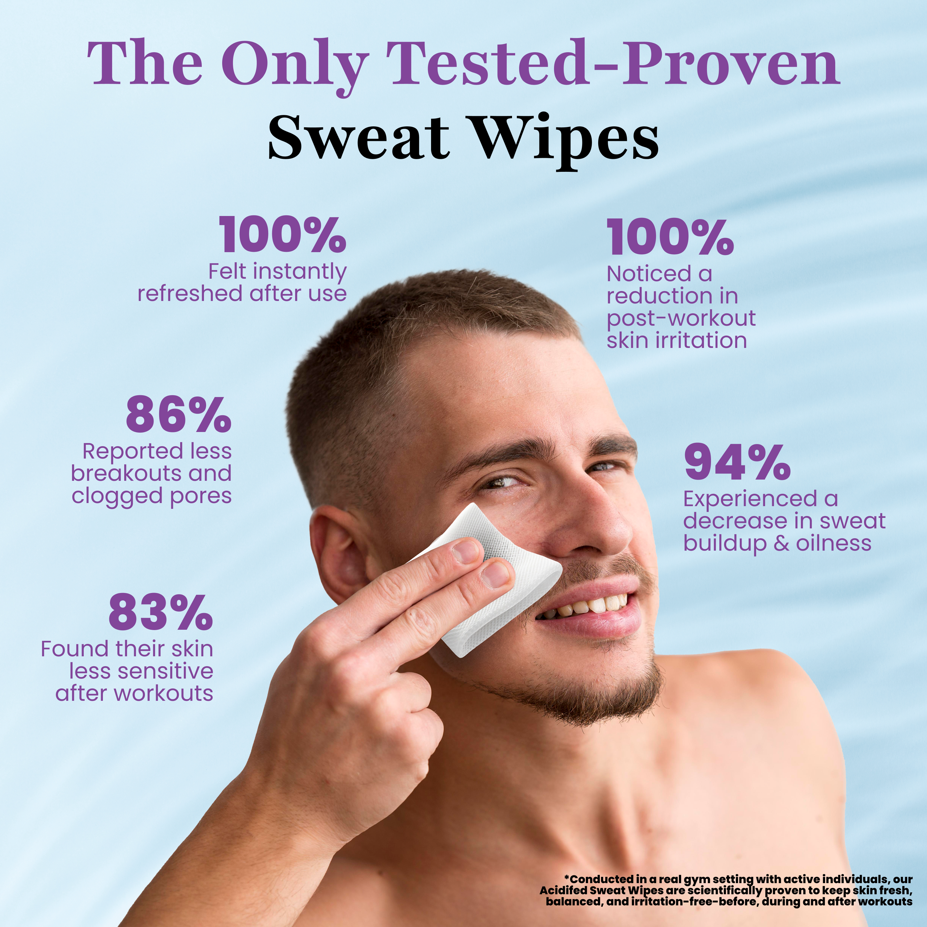 A man uses a Fresh Botanic Deodorant Wipe by Zero Trace on his face, enjoying reduced skin sensitivity, fewer breakouts, less irritation, and decreased oiliness.