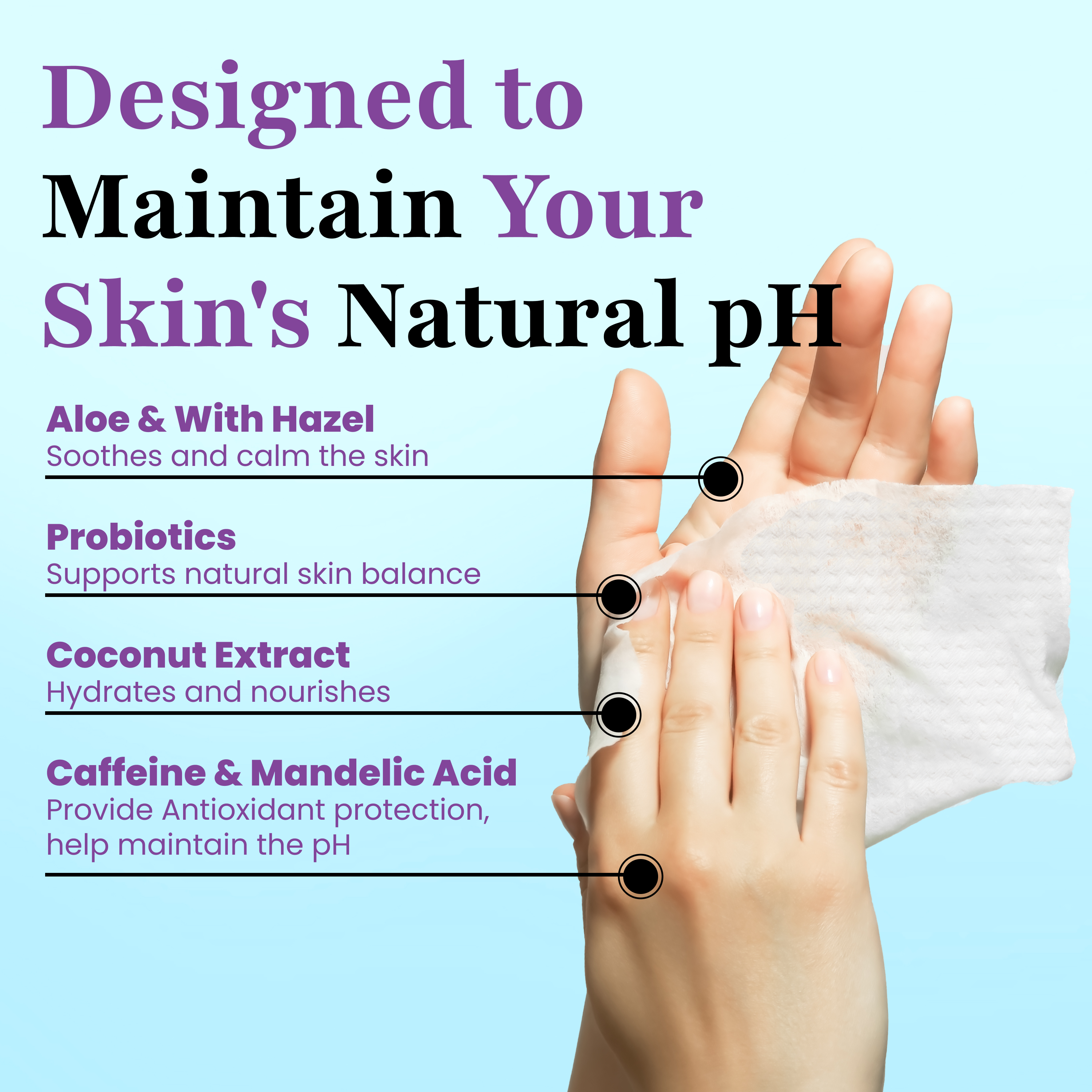 A hand holds the Zero Trace Fresh Botanic Deodorant Wipes, emphasizing benefits like aloe, probiotics, coconut extract, caffeine, and mandelic acid to maintain skin's natural pH. Ideal for pairing with aluminum-free cleansing routines for fresh, radiant skin daily.