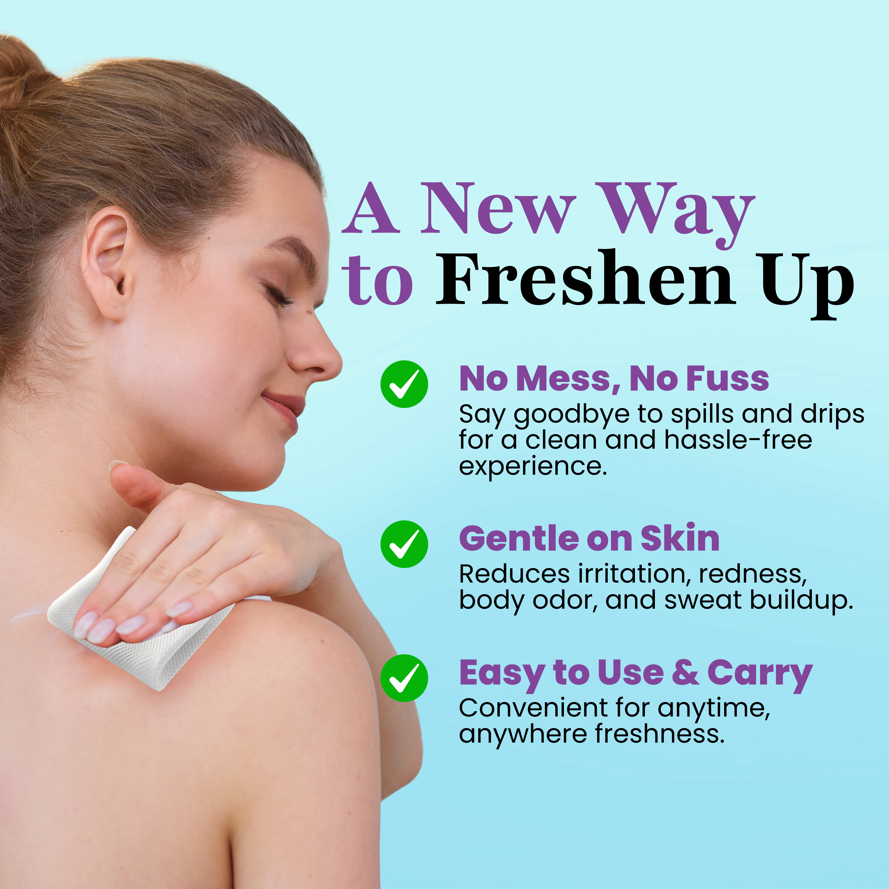 A woman uses a Fresh Botanic Deodorant Wipe from Zero Trace on her shoulder, highlighting its biodegradable nature, skin-friendly gentleness, portability, and mess-free application.