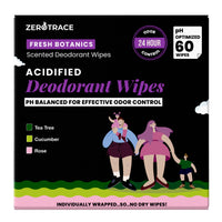 A box of Zero Trace Fresh Botanic Deodorant Wipes with a fresh botanics scent contains 60 pH-balanced wipes providing 24-hour odor control using tea tree, cucumber, and rose for an aluminum-free sweat relief solution.