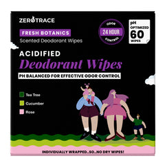 A box of Zero Trace Fresh Botanic Deodorant Wipes with a fresh botanics scent contains 60 pH-balanced wipes providing 24-hour odor control using tea tree, cucumber, and rose for an aluminum-free sweat relief solution.