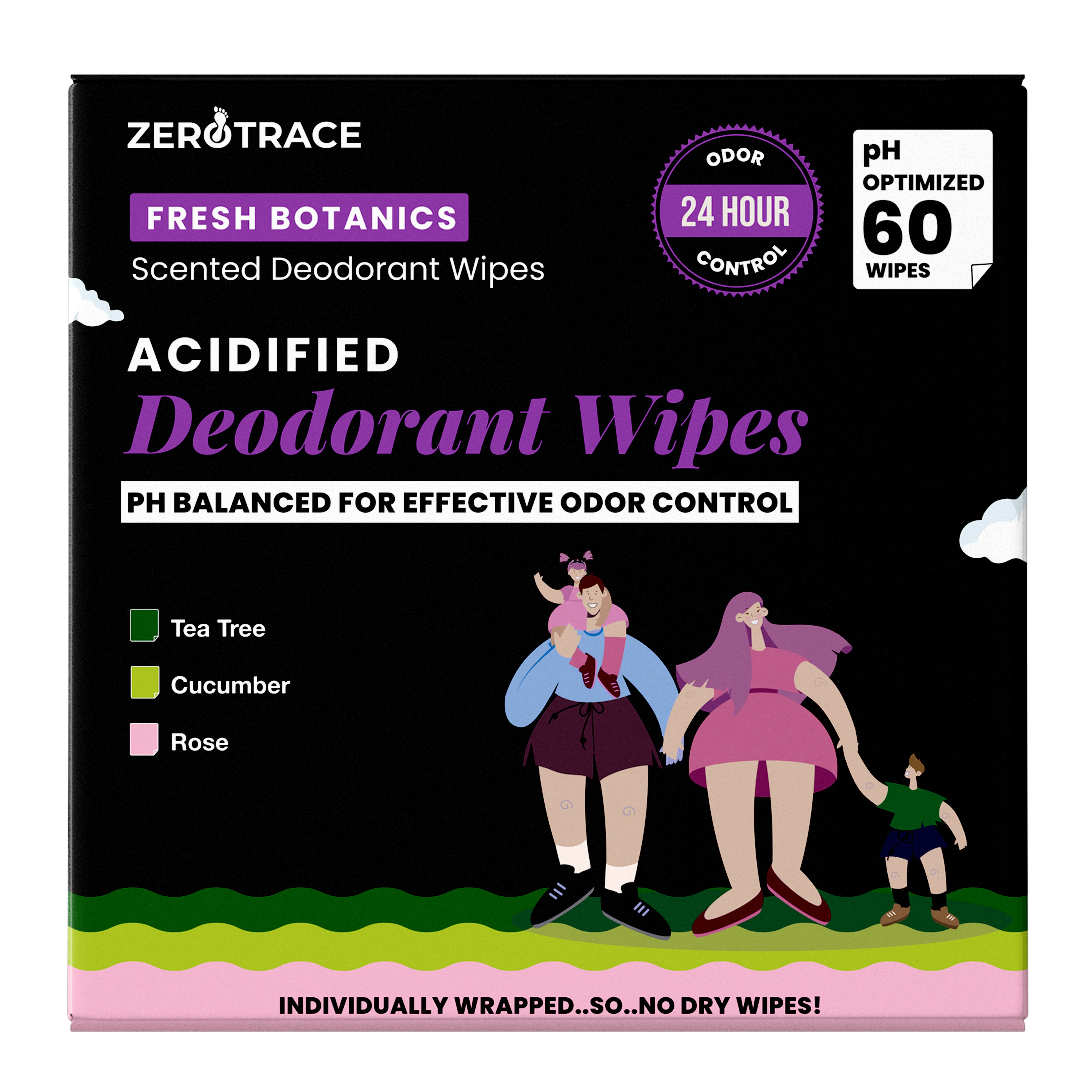 A box of Zero Trace Fresh Botanic Deodorant Wipes with a fresh botanics scent contains 60 pH-balanced wipes providing 24-hour odor control using tea tree, cucumber, and rose for an aluminum-free sweat relief solution.