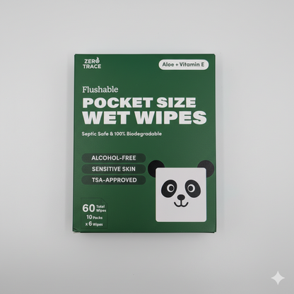 A green box of Zero Trace FLUSHABLE MINI WIPES, featuring a panda illustration, contains 60 biodegradable, alcohol-free wipes for sensitive skin; they're TSA-approved and eco-friendly.