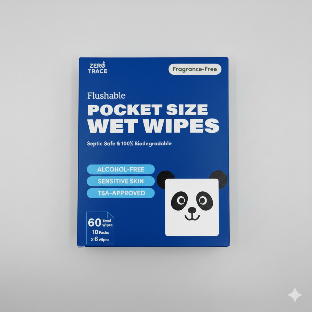 Zero Trace FLUSHABLE MINI WIPES: eco-friendly, 100% biodegradable pocket wipes with a panda illustration. Alcohol-free, gentle on sensitive skin, TSA-approved—ideal for travel.