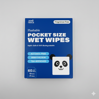 Zero Trace FLUSHABLE MINI WIPES: eco-friendly, 100% biodegradable pocket wipes with a panda illustration. Alcohol-free, gentle on sensitive skin, TSA-approved—ideal for travel.