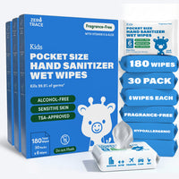 Zero Trace Pocket Hand Sanitizing Wipes by Zero Trace come in boxes and packs with 180 fragrance-free, hypoallergenic, alcohol-free wipes. TSA-approved and travel-friendly—ideal for cleanups on the go.