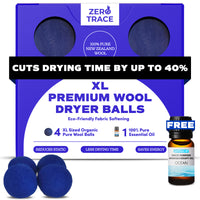 The Zero Trace Dryer Wool Balls come in a blue box and include four blue balls made from pure New Zealand wool, along with a complimentary bottle of aromatherapy oil. The packaging highlights 40% faster drying time, natural fabric softening, and eco-friendly benefits.