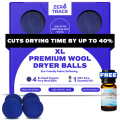 The Zero Trace Dryer Wool Balls come in a blue box and include four blue balls made from pure New Zealand wool, along with a complimentary bottle of aromatherapy oil. The packaging highlights 40% faster drying time, natural fabric softening, and eco-friendly benefits.