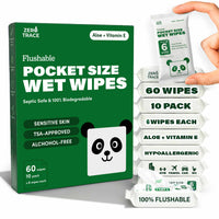 A box of Zero Trace Flushable Pocket Wipes with Aloe & Vitamin E for sensitive skin, featuring individual biodegradable packs and a hand holding one, highlights product benefits from Zero Trace.