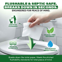 A hand holds a Zero Trace Flushable Pocket Wipe with Aloe & Vitamin E over a toilet, with icons showing it's certified flushable, septic and sewer safe, plastic-free, made with 99% purified water, and gentle on sensitive skin.