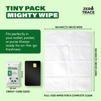 A pack of Zero Trace Flushable Pocket Wipes with Aloe & Vitamin E sits beside a credit card and a 180x180 mm unfolded wipe, showing its pocket size—ideal for sensitive skin, anytime, anywhere.